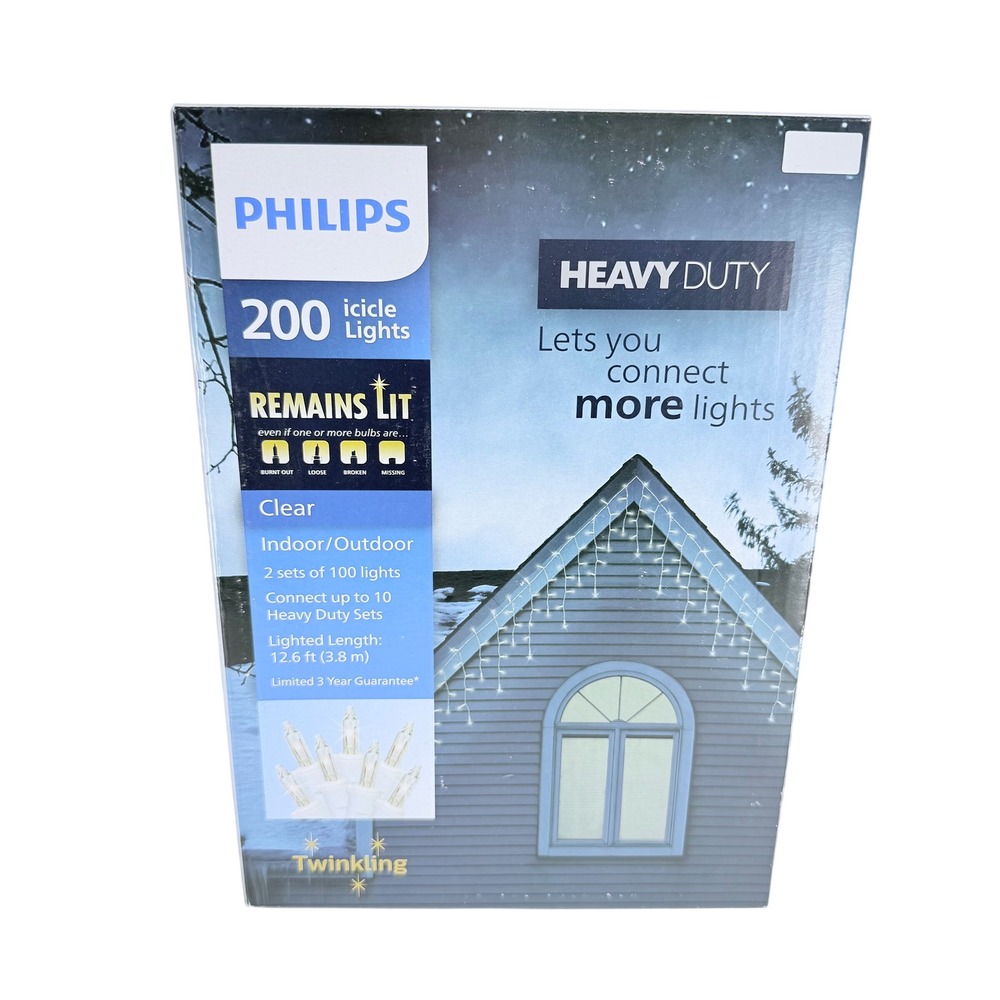Philips 200 Clear Icicle Lights‎ Heavy Duty White Wire Twinkling Indoor Outdoor
